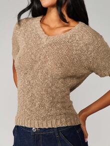 MISSGUIDED Atasan Crop Top Rajut Boucle Leher V Lengan Pendek, Sweater Kasual Musim Gugur Musim Dingin Bertekstur untuk Pakaian Sehari-hari, Pakaian Kantor Dasar Serbaguna - Khaki - View 4