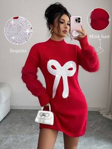 Selianne Vestido de suéter de manga larga con cuello redondo elegante para mujer, con decoración de piel de visón, lentejuelas y lazo, versátil para Navidad, Año Nuevo, otoño/invierno - Rojo - Ver 1
