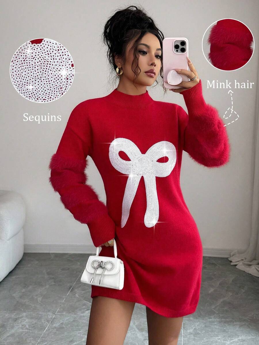 Selianne Vestido de suéter de manga larga con cuello redondo elegante para mujer, con decoración de piel de visón, lentejuelas y lazo, versátil para Navidad, Año Nuevo, otoño/invierno - Rojo - Ver 1