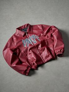 PAVTROS Men's Casual Street Style Letter Graphic PU Leather Jacket, Fall/Winter - Burgundy - View 3