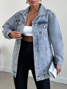 EURMUSE 100%Cotton Distressed Water Wash Denim Jacket - Baby Blue - View 4