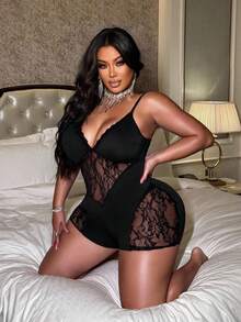 NU&NOW Plus-Size Women's Summer Black Solid Color Fabric Spliced ​​With Sexy Lace V-Neck Suspender Jumpsuit Shorts, Suitable For Everyday Wear, Parties, New Year's Wear, Christmas Wear, Holiday Wear, Valentine's Day Wear, Floral Pattern. - Black - View 7