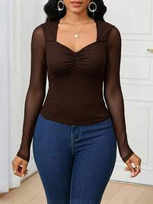 SHEIN Lady Model Baru 2025: Kaos Wanita Warna Cokelat Polos Model Sweetheart Kerah Raglan Lengan Panjang Pas Badan, Atasan Cokelat - Coklat - View 5