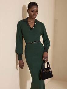 JIAN LASALA 翻领纽扣灯笼长袖优雅毛衣中长连衣裙 女士秋冬装 女士中长连衣裙 带袖中长连衣裙 绿色优雅连衣裙 女士绿色中长连衣裙 绿色连衣裙 奢华时尚服装系列 - 綠色 - 查看 6