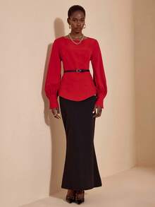 JIAN LASALA Solid Red Boat Neck Bishop Long Sleeves Back Tie Cutout Elegant Top Women Autumn Red Concert Top Backless Red Top Red Backless Top Luxury Stylish Collection - Red - View 2