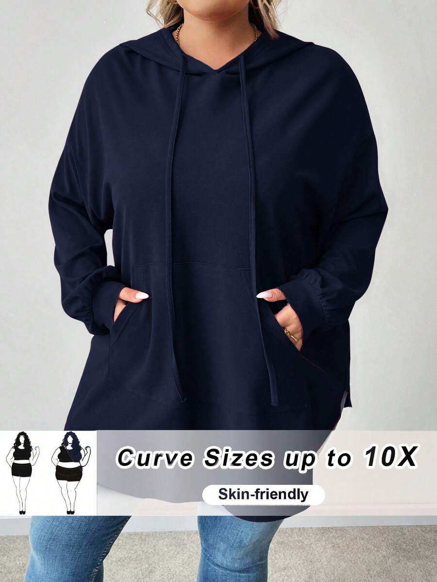 SHEIN CURVE+ 大码纯色连帽抽绳不对称下摆运动衫女士秋冬装 - 藏蓝色 - 查看 1