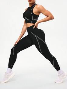 SHEIN Sports 1 件吸湿排汗、提臀基本款运动紧身裤，黑色和白色 - 黑色 - 查看 3