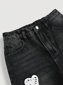 Girlism Jeans anchos y sueltos de mezclilla negros con patrón de corazones blancos de moda Y2K para niña preadolescente, para otoño e invierno, uso diario, Halloween, Navidad
