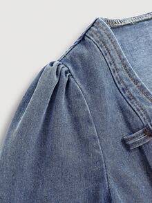 SHEIN Tween Girls Elegant Vinatge Square Neck Blue Denim Dress Fall Winter,Casual And Versatile For Girls Fall/Winter Dailywear And Streetwear Outfits,For Girls Halloween And Christmas Outfits,Girls New Year Clothes,Thanksgiving Outfit For Girls,Elegant Party Dresses For Girls,Girls Winter Dress,Tween Denim Clothes,Winter Clothes, Elegant Dress - Medium Wash - View 4