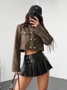 SHEIN Unity Jaket Wanita Wol Gaya Retro Streetwear Terbaru Musim Gugur/Dingin, Dekorasi Metal Kelas Atas - Coklat - View 5