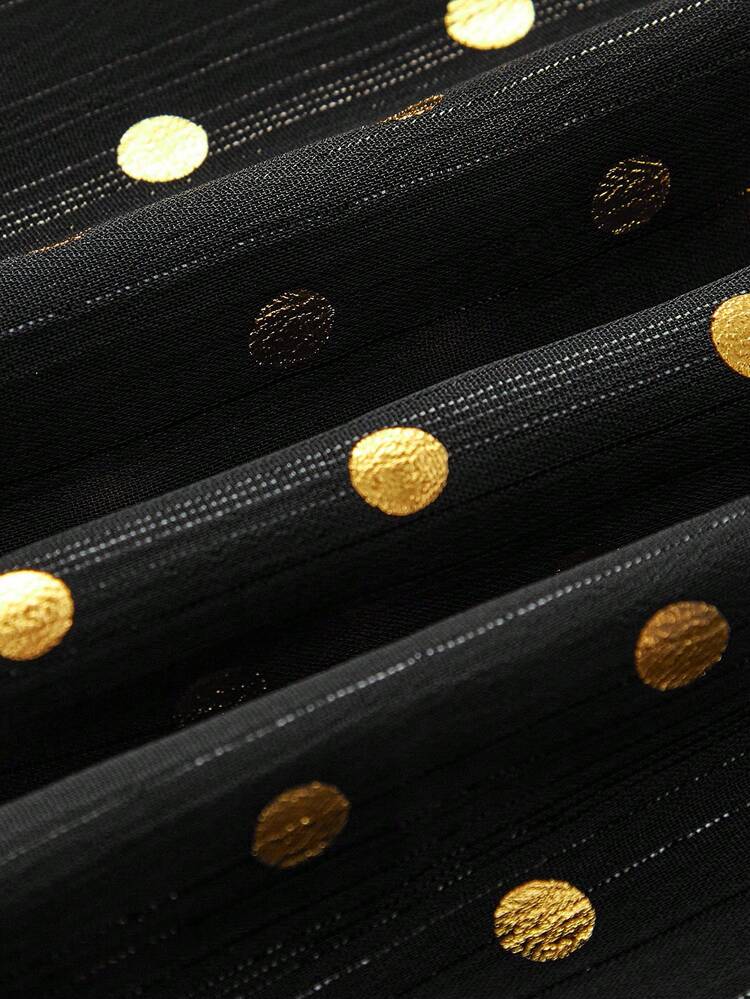 Schwarzes Minikleid mit Polka-Punkten, goldfarbener Metallicfolie-Muster, Langarm, mit Twist-Ausschnitt-Detail, Party-Kleidung für Herbst und Winter, Damenmode für Herbst und Winter