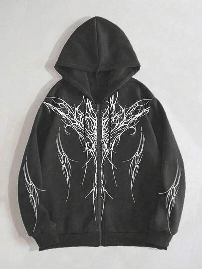 Goth Sudadera con capucha casual de hombre con estampado de color contrastante y cremallera, otoño/invierno