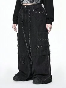 ROMWE Grunge Punk 大码街头朋克风格链条装饰宽松黑色牛仔裤，大码日常黑色牛仔裤，休闲女式下装，大码女式下装，秋冬街头时尚大码牛仔裤 - 黑色 - 查看 5