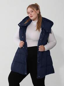 SHEIN CURVE+ Curve Plus 拉链连帽背心外套，冬季款 - 藏蓝色 - 查看 5