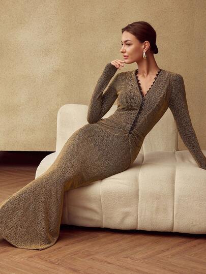 MOTF PREMIUM VESTIDO MIDI DE MUJER DE MANGA LARGA CON CONTRASTE BRILLANTE Y CORTE SESGO DE ENCAJE