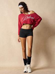 VARSIVA 女式字母印花长袖短款运动T恤 - 紅色 - 查看 6