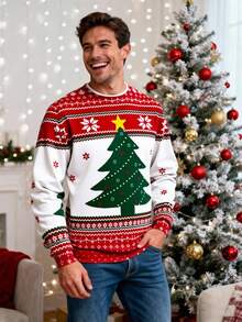 Manfinity Homme Standard Size Men's Christmas Tree Pattern Crew Neck Pullover Sweatshirt With Thermal Lining, Suitable For Family Gatherings, Fall/Winter - Red - View 2