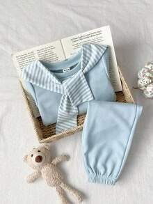 SHEIN 3pcs Baby Girl Infant Toddler Newborn 0-3 Years Old Autumn/Winter Fashion Versatile Outfits Set: Detachable Shawl + Long Sleeve Crew Neck Sweatshirt + Pants - Baby Blue - View 3