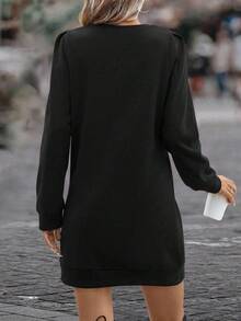 SHEIN LUNE 纯色泡泡袖卫衣连衣裙，适合新年穿 - 黑色 - 查看 2