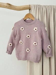 Blossori Young Girls' French Elegant 3D Floral Pullover Sweater Autumn Winter Clothes ForGirln - Purple - View 3