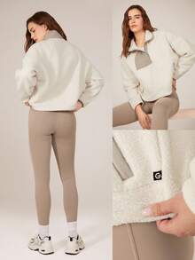 GLOWMODE Cozy Medium Polar Fleece Soft Warm Loose Adjustable Drawstring Hem Two-Tone Jacket Sweatshirt With Side Pockets Daily Casual Fall Winter - Beige - View 8