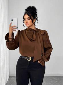 Elenzga Plus Size Elegant Commuter Solid Color Satin Collar Tie Neck Blouse Fall - Chocolate Brown - View 5