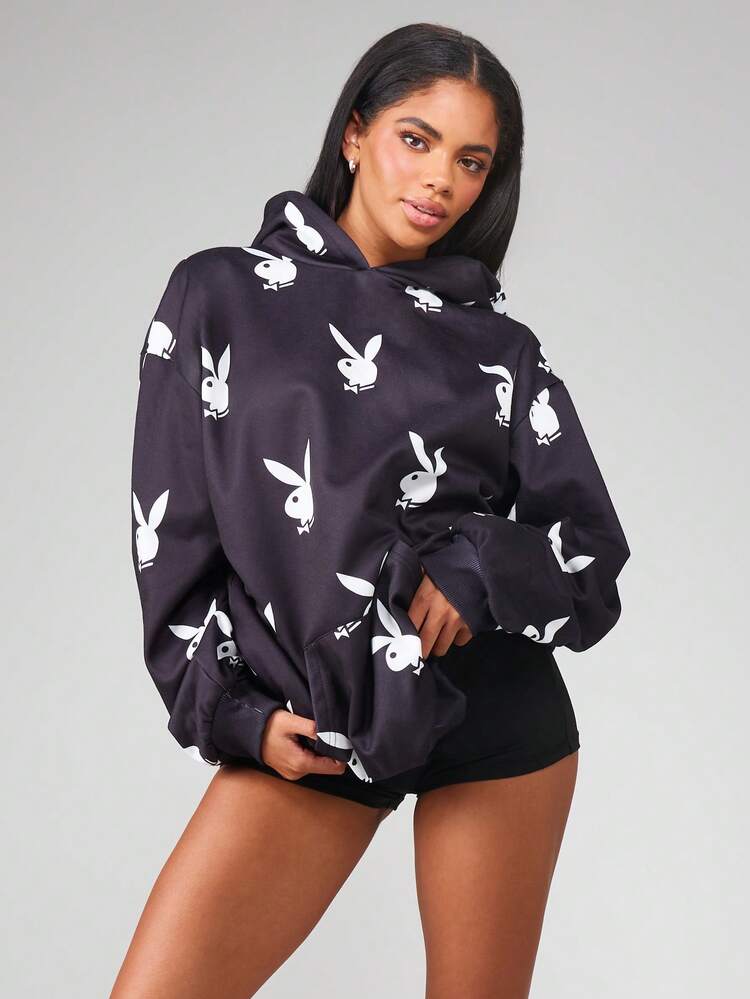Missguided x Playboy Oversized Drawstring Hooded Mini Dress With All Over Print Design Holiday Winter Fall Party Casual Loungewear Streetwear Long Sleeve Pullover Mini Dress