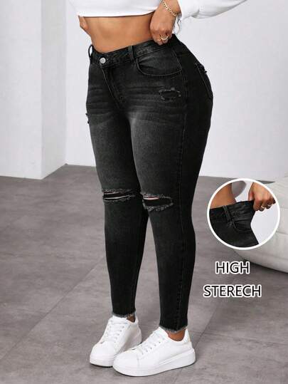 SHEIN ICON Jeans vaqueros elásticos desgastados de talla grande para mujeres, para el 4 de julio, vacaciones de verano, estilo vaquero occidental, uso casual de negocios, festival, aeropuerto, graduación, Ibiza, playa de Hawái, concierto, crucero, estilo bohemio, graduación 2000