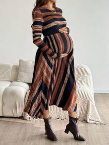 SHEIN Váy sọc khối màu thường ngày cho bà bầu, mùa thu - Nhiều màu - Xem 3