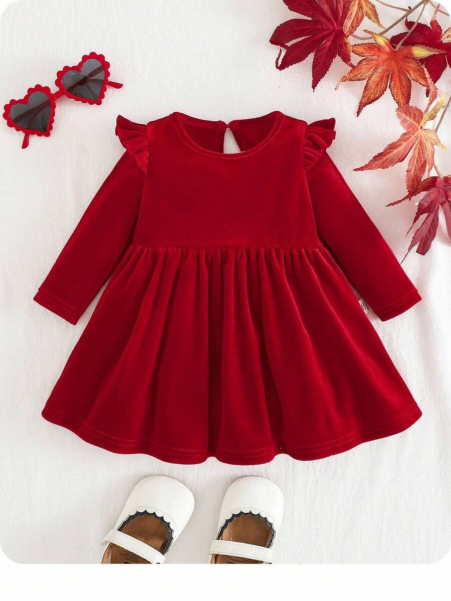 SHEIN Vestito autunnale bordeaux per neonata, carino, lavorato a maglia, con maniche lunghe elastiche, per Natale, compleanno, primavera, casual, minimalista, tinta unita, per neonata - Rosso - Visualizzare 1