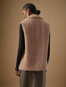 Vesra Women's Elegant Sleeveless Jacket With Lamb Fur Collar And Button Closure - Khaki - View 2