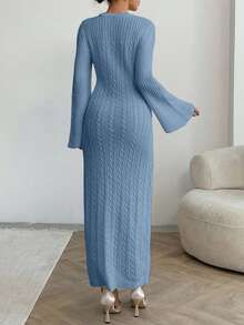 SHEIN Vestido de suéter con patrón de cable para otoño e invierno - Azul - Ver 7