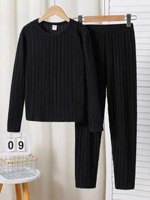 SHEIN 2pcs Kids/Tween Boys Casual Solid Color Crew Neck Long Sleeve Pullover Top And Pants Knit Set Snug Fit Excellent Elasticity