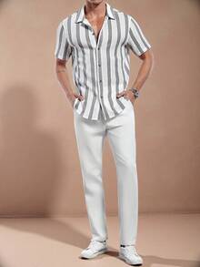 Manfinity Homme 男士休闲条纹 Polo 领衬衫 - 黑與白 - 查看 5