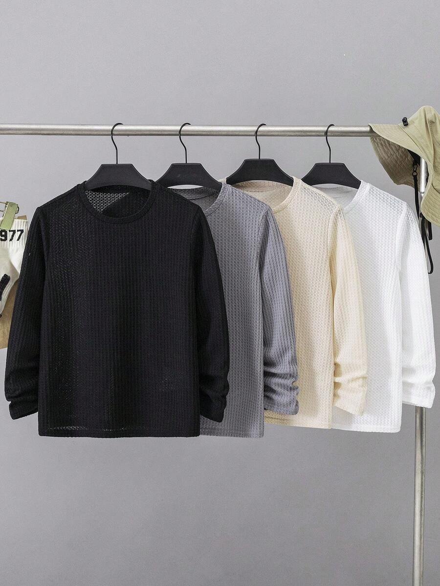 SHEIN Bộ 4 áo thun dài tay cổ tròn thoải mái, rộng rãi cho bé trai/trẻ em, 4 mẫu thiết kế khác nhau - Nhiều màu - Xem 1