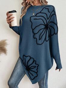 EMERY ROSE Sweater Wanita Modis dengan Warna Kontras, Leher Bulat, Lengan Kelelawar, dan Hem Panjang Asimetris - Biru - View 3