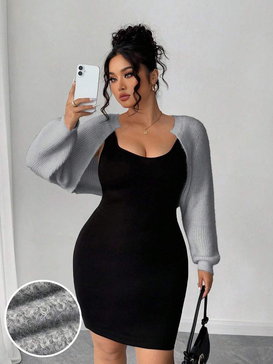 Elenzga Plus Size Short Fluffy Elegant & Sweet Thin Cardigan - Grey - View 1