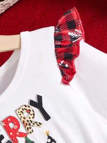 Young Girls Christmas Dress, MERRY CHRISTMAS Heat Transfer Print, Ruffle Sleeve Decor, Snowflake & Red Plaid Print Dress, Comfortable Casual For Little Girls