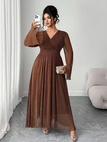 Elenzga Váy maxi dự tiệc thanh lịch, tay loe, cổ chữ V xếp ly kim loại cỡ lớn dành cho nữ, thu/đông - màu nâu - Xem 3