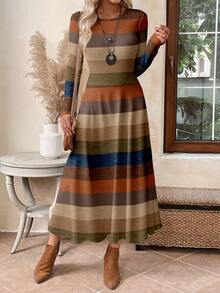 EMERY ROSE Váy dài kẻ sọc khối màu thường ngày dành cho nữ, phù hợp cho mùa thu/đông - Nhiều màu - Xem 5