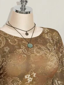 SHEIN ICON Váy cỡ lớn cho nữ mùa thu, váy dài tay cho nữ, váy lễ hội tay chuông lưới Paisley cổ điển Y2k gợi cảm cho ngày lễ - màu nâu - Xem 6