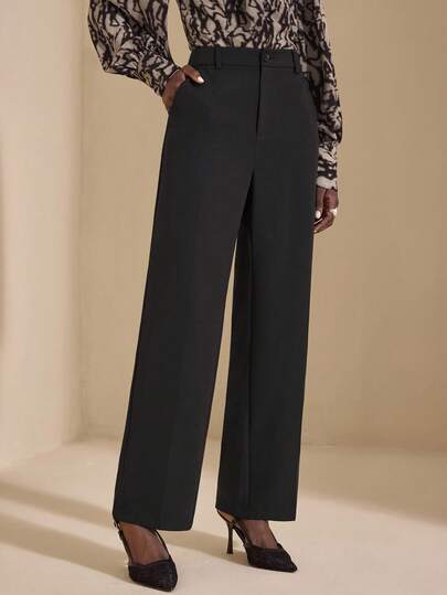 JIAN LASALA High-Waist Straight Legs Solid Black Tailored Women Plain Pants Autumn Casual Wear Business Elegant Pants For Women Wide Leg Pants Woman High Waist Pants Luxury Stylish Clothing Collection