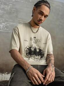 BATMAN X SHEIN Men's Casual Letter & Bat Print Round Neck Short Sleeve T-Shirt, Summer