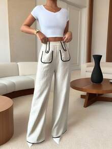 Siren Gaze Women's Fashion Commuter Contrast Trim Wide Leg Pants Winter Chic - Apricot - View 2