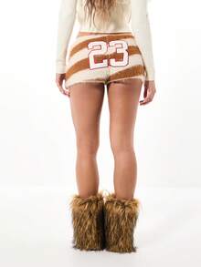 SUMWON WOMEN Quần short ống rộng sọc mờ Bộ sưu tập mùa đông Số 23 Quần short ngắn cạp cao Quần mặc nhà ấm áp Mùa thu Lễ hội Thời trang - màu nâu - Xem 4