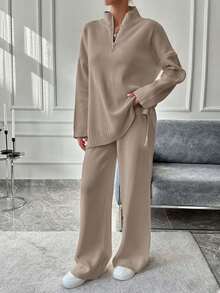 EURMUSE Women's Half Zipper Sweater And Pants Set - Beige - View 5