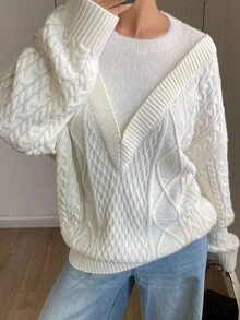 DAZY Suéter de punto holgado y elegante de mujer con ajuste casual, estampado de parches y flores, cuello redondo y manga larga, para otoño/invierno - Blanco - Ver 3