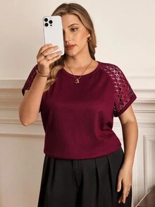 Rosumi Plus Size Women's Early Spring Short Sleeve Lace Patchwork Wine Red T-Shirt, Summer For Women, Vacation - Burgundy - View 3