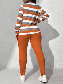 BamGleam Conjunto de 2 peças de blusa e calça de manga comprida com estampa de gola redonda listrada feminina, outono