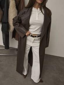 SHEIN BAE 女式秋季 PU 皮革时尚街头休闲蝙蝠袖裹身纽扣前系带风衣夹克 - 棕色 - 查看 4